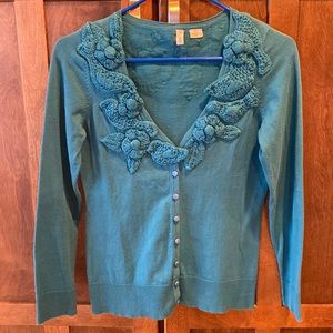 Anthropologie Moth Cardigan Sweater Teal Floral Bird Appliqué S/P